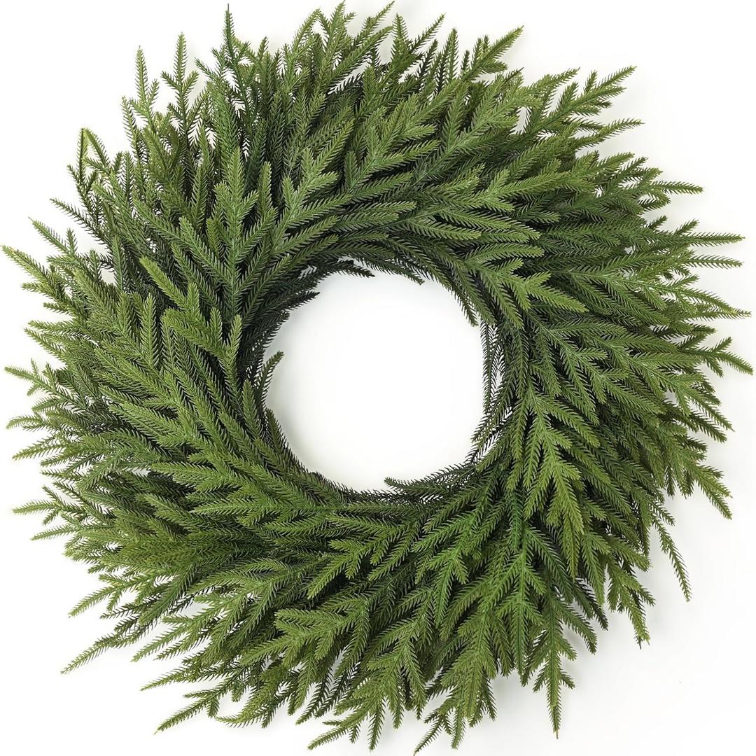 26" Norfolk Pine Wreath for Front Door, Artificial Christmas Wreaths Faux Green Fake Pine Needles Wreath for Front Door Wall Windows Indoor Outdoor Christmas Decor