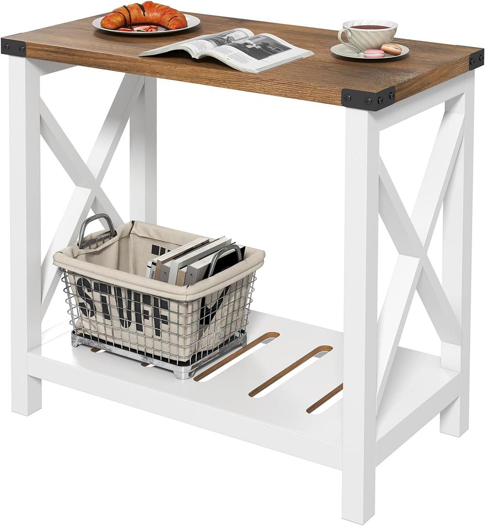 Hadulcet Farmhouse Side Table with Storage Shelf, Narrow Bedside Table for Small Space, Slim End Table, Rustic X-Design Nightstand for Living Room, Bedroom, White & Brown