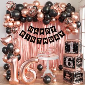 Rose Gold Sweet 16 Birthday Decorations for Girls - Sweet Sixteen Party Supplies Include 3pcs Balloon Boxes, Number 16 Foil Balloons, Fringe Curtains, Black Pink Garland Arch Kit - Photo Props