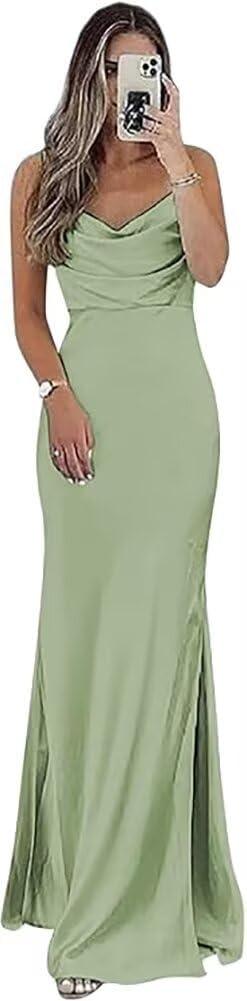 FOOHJMH Satin Bridesmaid Dresses for Women Spathtti Strapless Prom Dress Formal Evening Party Gowns with Slit (2, Sage Green)