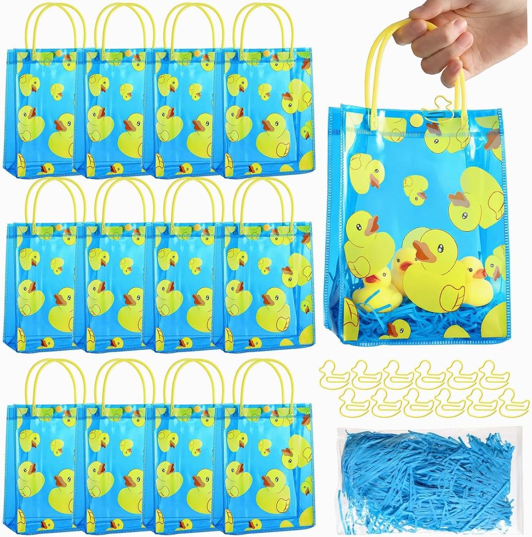 Gaillty 12 Sets Yellow Duck Gift Bag with Clips and Raffia Rubber Duck Party Supplies Plastic Treat Goodie Candy Bags for Waddle It Be Gender Reveal Baby Shower Birthday Party Supplies (Blue)