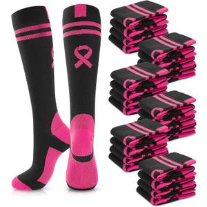 12 Pairs Breast Cancer Awareness Socks for Women Pink Ribbon Crew Socks Non-Slip Comfortable Stretchable Sport Socks (Pink)