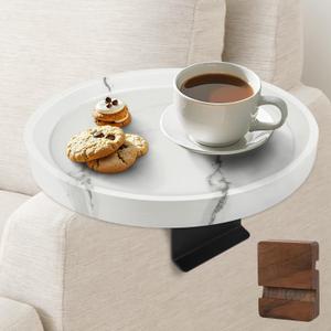 Couch Tray, Adjustable Couch Table and Detachable Wooden Couch armrest Tray, Multifunctional Clip on armrest Table, with Phone Holder Suitable for Dining, Snacks, Remote Control (White Marble Color)