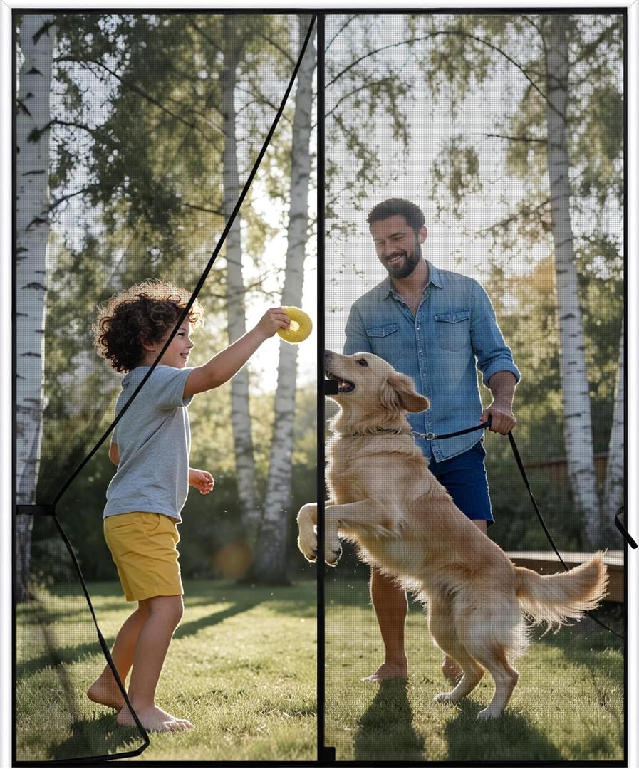 Sunolga 62 x 81 Inch Magnetic Screen Door, Fits Doors Size 60 x 80 Inch, Reinforced Polyester Screen Door Mesh with Full Frame Hook & Loop, Door Screen Magnetic Closure for Hands-Free
