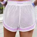 Fisoew Women Athletic Shorts 2 in 1 Running High Split Color Block Workout Yoga Mesh Shorts Pocket Drawstring (Purple, M)