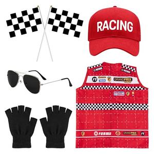 5Pcs Race Car Driver Costume Accessories Set, Car Cap Sunglasses Mini Black White Flag, Dress Up Cosplay for Halloween