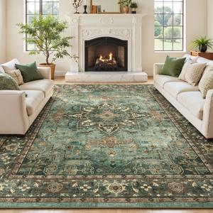 8x10 Green Brown Large Area Rugs for Living Room, Boho Washable Rug