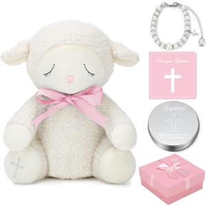 Haull 5 Pcs Christening Baptism Gifts Charms for Girls Granddaughter/Daughter Include 8.5 Inch Plush Lamb Toy Doll Pray Card with Gift Box Baptism Pearls Bracelet with Keepsake Box for Baby Shower