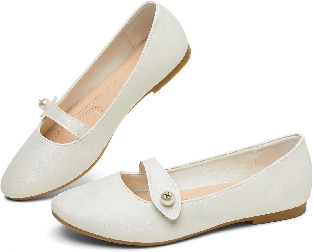 FINIWOR Women's Mary Jane Flats  Floral Print with Pearl Buckle, PU Leather Slip-On Ballet Flats (7.5, White)