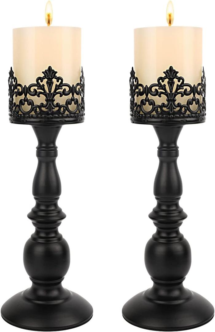 Candle Holders for Pillar Candles Gothic Matte Black Vintage Tall Candle Holders Set of 2 Decorative Large Table Centerpieces Candle Stand Decor (Black 2PCS A)