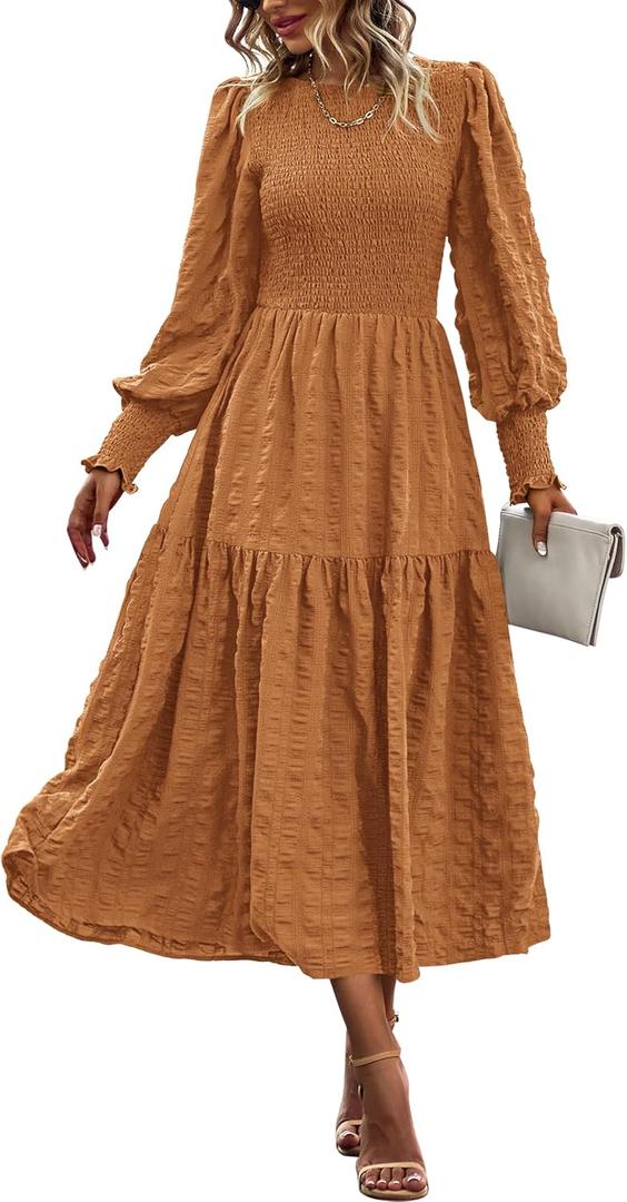 PRETTYGARDEN Women 2026 Spring Puff Long Sleeve Crewneck Smocked Maxi Dress Empire Waist Tiered A-line Swing Flowy Long Dress (XL)