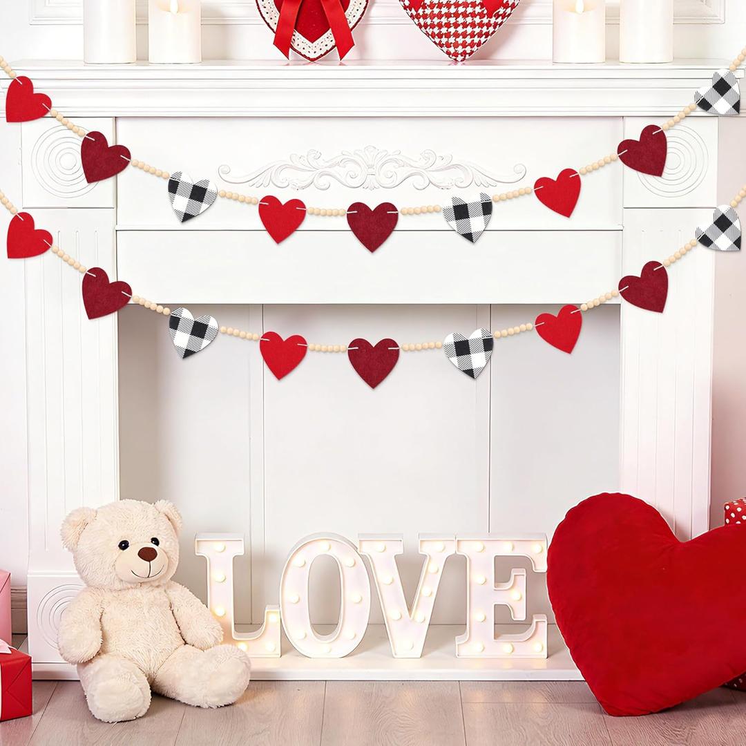 Valentine's Day Garland, 2 Packs Red Pink Heart Felt & Wood Bead Banner, 7.5 FT Heart Garland for Home Fireplace Mantel Shelf Wall, Wedding Anniversary Party Proposal Decorations (REDBLACK)