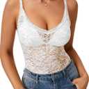 Rooscier Women's Lace Camisole Tops Deep V Neck Sheer Cami Tank Top Without Bra (White) L
