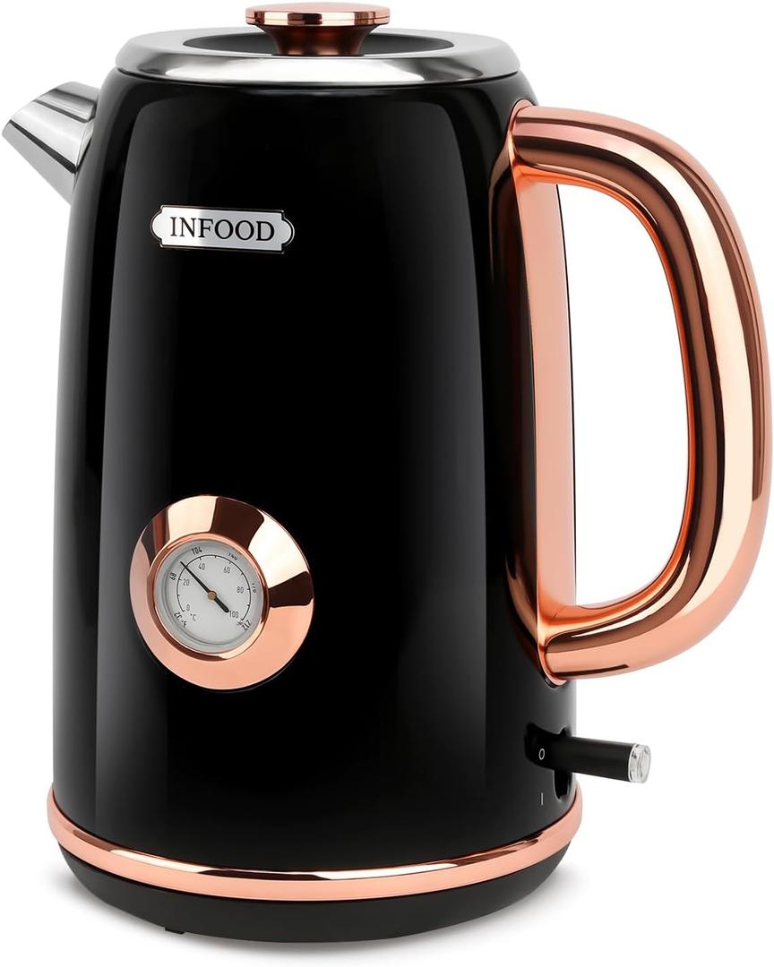 INFOOD Retro Electric Kettle 1.7L/57oz with Thermometer - 1500W Fast Boiling Stainless Steel Hot Water Tea Kettle, BPA-Free, Cordless, Auto Shut-Off, Boil-Dry Protection, Black