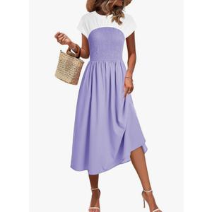 Wenrine Womens Casual Summer Midi Dress Smocked Cap Sleeve Crew Neck Color Block A Line Flowy Beach Dresses, L,  Lavender Wenrine Womens Casual Summer Midi Dress Smocked Cap Sleeve Crew Neck Color Block A Line Flowy Beach Dresses, L,  Lavender