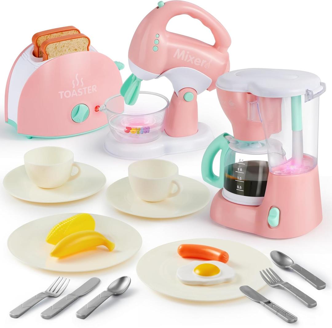 Joyin Play Kitchen Toys, Pretend Play Food Kitchen Accessories GirlsToy with Coffee Maker, Mixer, Toaster with Realistic Lights& Sounds, Birthday Gift for Kids Ages 2 3 4 5, Pink