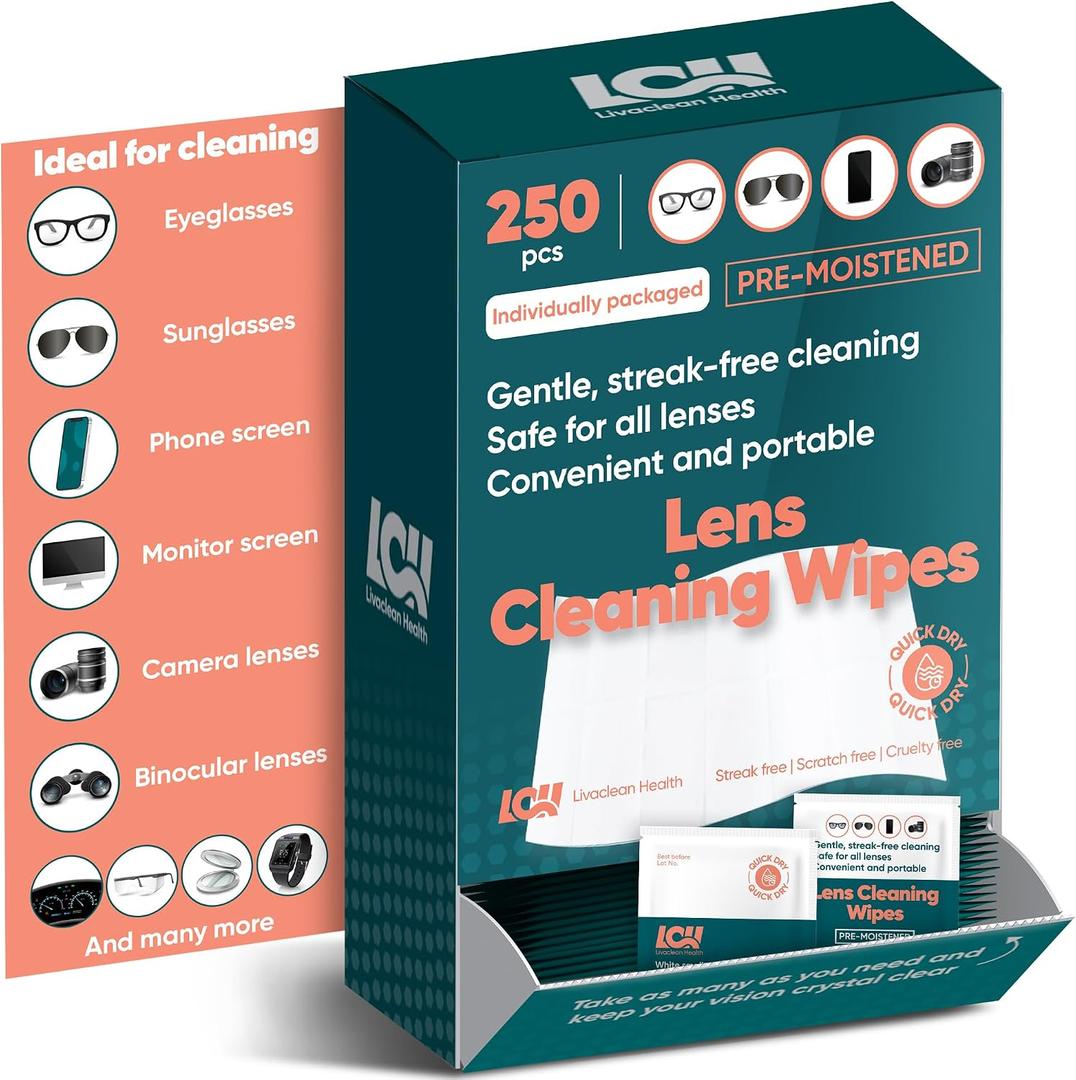 2 x 250 CT Lens Wipes for Eyeglasses - Pre-Moistened, Individually Wrapped Eye Glasses Cleaner Wipes - Streak-Free & Scratch-Free Glasses Wipes for Sunglasses, Camera Lenses & Phone Screen Wipes
