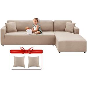 XINEAGE Sectional Couch Covers High Stretch 2 Pieces L Shape Sofa Cover with 2pcs Pillowcases Corner Couch slipcovers Chaise Cover with Elastic Bottom 3 Seats + 3 Seats (Khaki)