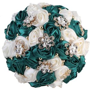 Handmade Bridal Wedding Bouquet Satin Rose Artificial Flower Bouquet for Bride Bridesmaid Holding Toss Round Wedding Bouquets Sparkling Rhinestone Brooch Crystals Pearl Dark Green & Ivory