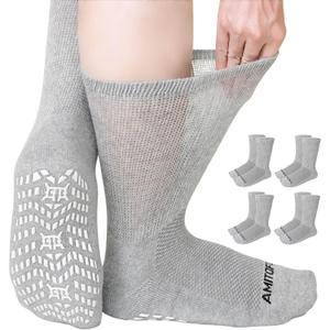 CaiDieNu Non Slip Diabetic Socks: 4 Pairs Non Binding Hospital Socks for Men Women with Grips Elderly Edema 9-15 (Gray)