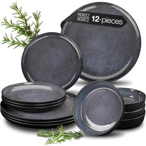 VIDA 12-Piece Porcelain Dinnerware Plate Set for 4 | Includes 4 Dinner Plates, 4 Dessert Plates, 4 Bowls | Modern Blue Ceramic Tableware, Stoneware Look, Microwave & Dishwasher Safe Dishes
