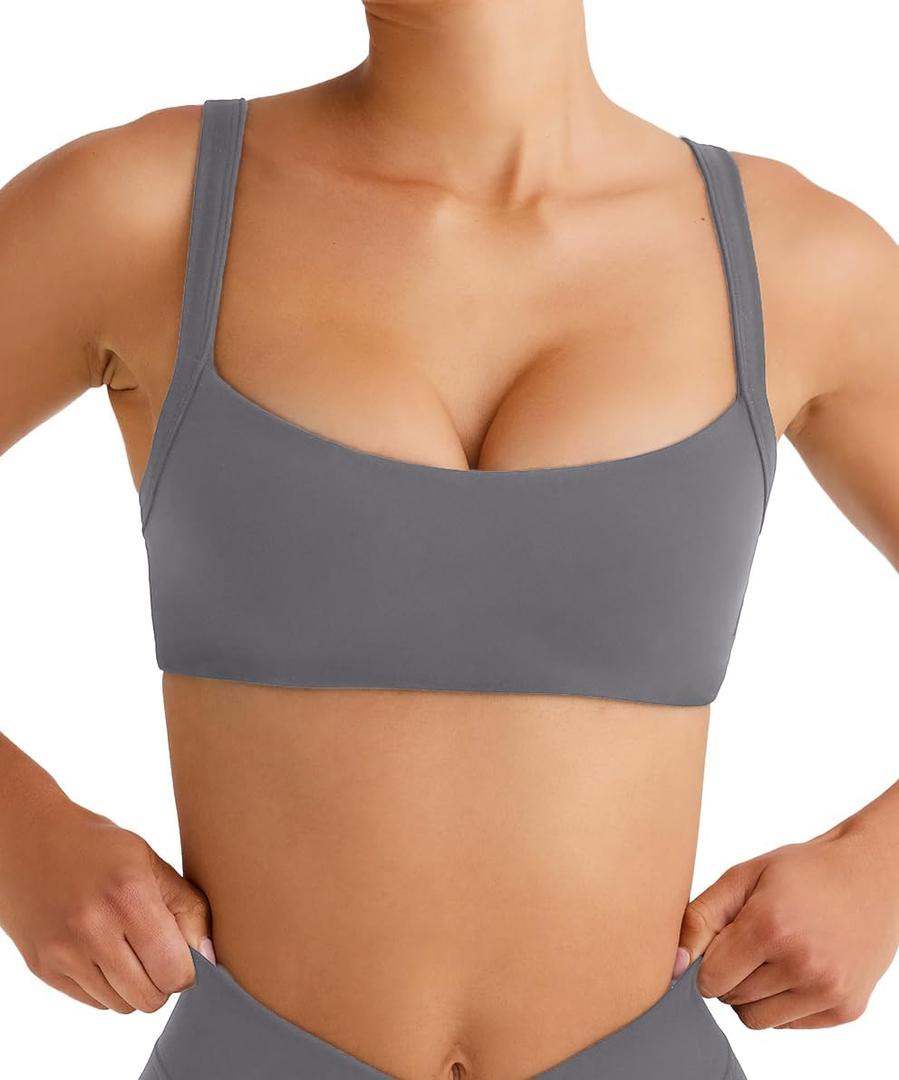 Olmlmt Wireless Padded Sports Bras for Women Adjustable Strap Square Neck Yoga Athletic Workout Crop Top (Small, #1graphite Grey)