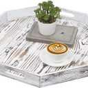 MyGift 20 Inch Shabby White Washed Solid Wood Decorative Octagon Shaped Tray, Wooden Octagonal Serving Platter with 4 Cutout Handles, Table Centerpiece Home Decor