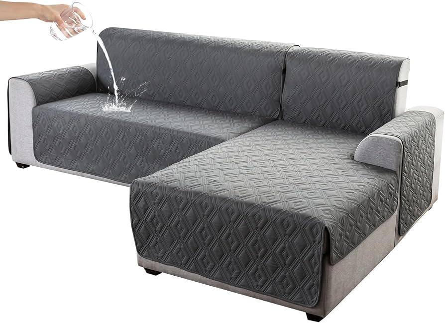 Genina 100% Waterproof Sectional Couch Covers for Dogs Reversible Couch Covers for Sectional Sofa L Shaped Sofa Slipcover Furniture Protectors Cover for Pets, Kids (Dark Gray, Large)