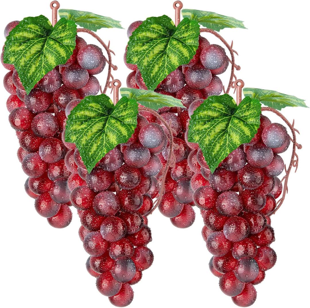 CLESDF Fake Red Grapes, 4 Bunches Plastic Lifelike Grapes Artificial Simulation Fruits for Wedding Home Kitchen Party Decor Photography Prop