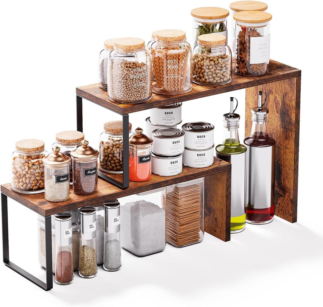 Kitchen Countertop Organizer, Spice Rack Cabinet Organizer Shelf Stackable Counter Corner Shelves Organization and Storage for Pantry, Counter top, Coffee Station Wood Rustic Brown