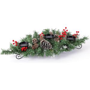 31.5 Christmas Centerpiece with 3 Candle Holders, Artificial Table Decorations with Pine Cones/Red Berries/Steel Base, Christmas Decorations Indoor, Xmas Tabletop Decor for Festival Home Decoration