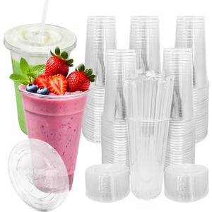 [100 SETS] 32 oz Cups with lids, Plastic cups with Lids and Straws, Iced Coffee Cup, Suitable for Takeout Iced Coffee Cold Drinks, Smoothies, Juices, Parfaits, Frappuccinos, and Milkshakes