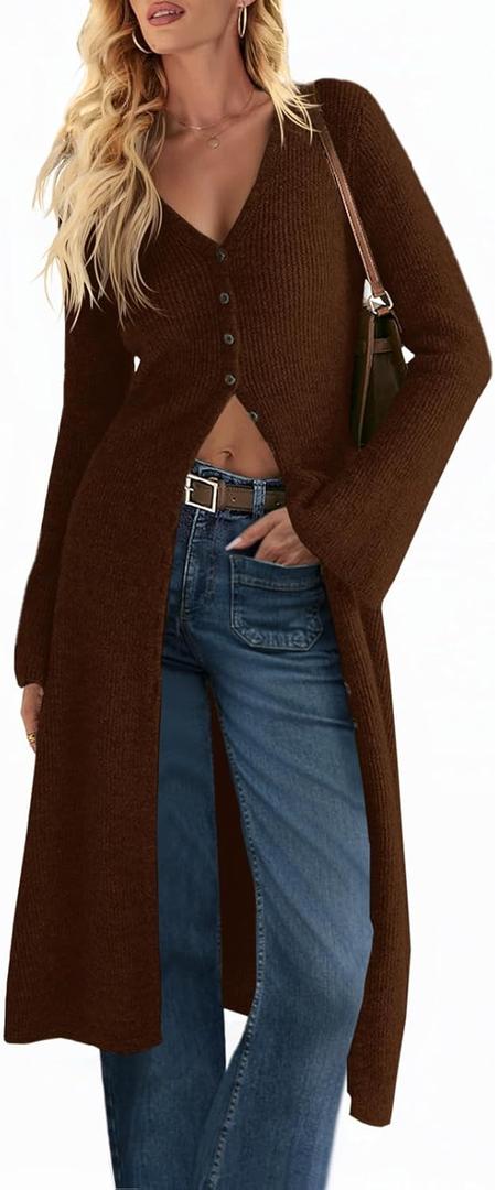 Saodimallsu Womens Long Cardigan Sweaters Oversized Bell Sleeve Open Front Button Down Casual Knit Fall Midi Dress (X-Large, Coffee)