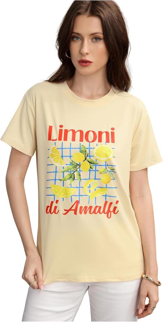 SweatyRocks Women's Letter Shirt Lemon Graphic Tees Short Sleeve Casual T Shirts (Yellow, M)