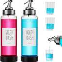 VITVITI Mouthwash Dispenser for Bathroom, Glass Mouth Wash Container with 2 Glass Cups, Press Lid 17OZ Clear Refillable Mouthwash Bottle Decanter with Silicone Pad/Labels, Set of 2
