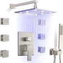 SKOWLL Brushed Nickel Shower System with Body Jets 12 Inch LED Rain Shower Head with Handheld, Wall Mounted Shower Faucet Set Rough in Mixer Valve and Trim Included