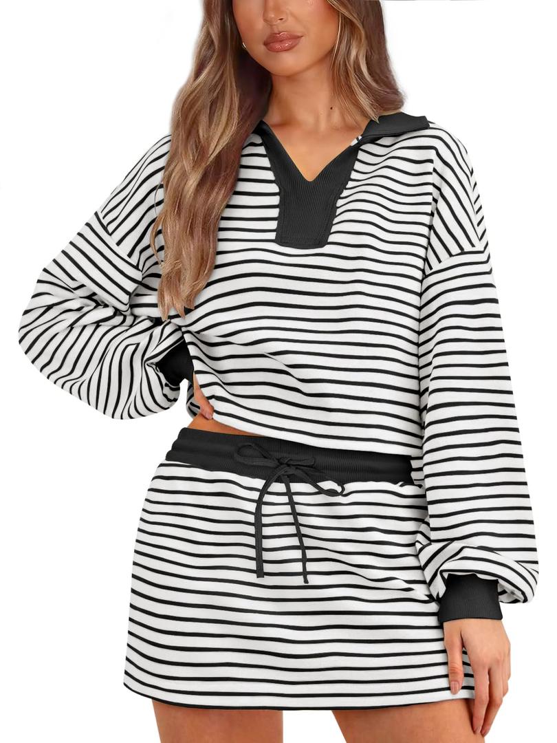 MIYIEONZ Women's Striped 2 Piece Set for women Sweatshirt Mini Skirt Sets Tennis Workout Tracksuit Matching Lounge Outfits Medium Pink (Pink, M)