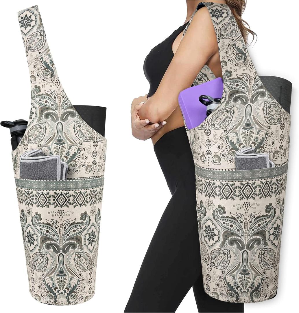 Fashion Printed Yoga Mat Bag with Large Side Pocket & Zipper Pocket Long Tote Yoga Bag Fit Most Size Mats - Holds More Yoga Accessories (37"x15.5", Indian Floral)