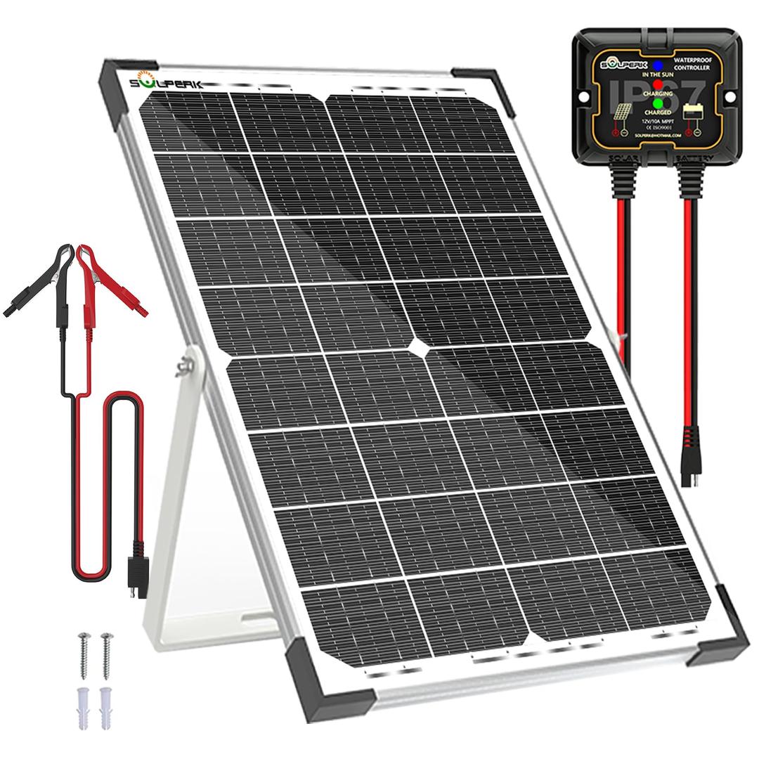 SOLPERK 30W Solar Battery Charger Solar Battery Maintainer + Upgrade 10A MPPT Charge Controller + Adjustable Mount Bracket for Car RV Boat Motorcycle，12V Waterproof Solar Panel Kit Trickle Charging