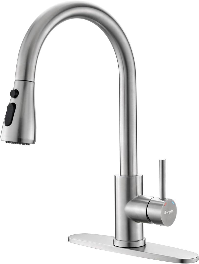 Ibergrif Kitchen Faucets with Pull Down Sprayer, Single Handle High Arc Brushed Nickel Stainless Steel 1 or 3 Hole Kitchen Sink Faucet with Deck for RV Laundry Farmhouse Bar