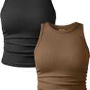 OQQ Women's 2 Piece Tank Tops Crew Neck Sleeveless Basic Stretch Casusal Yoga Crop Camis (Brown, M)