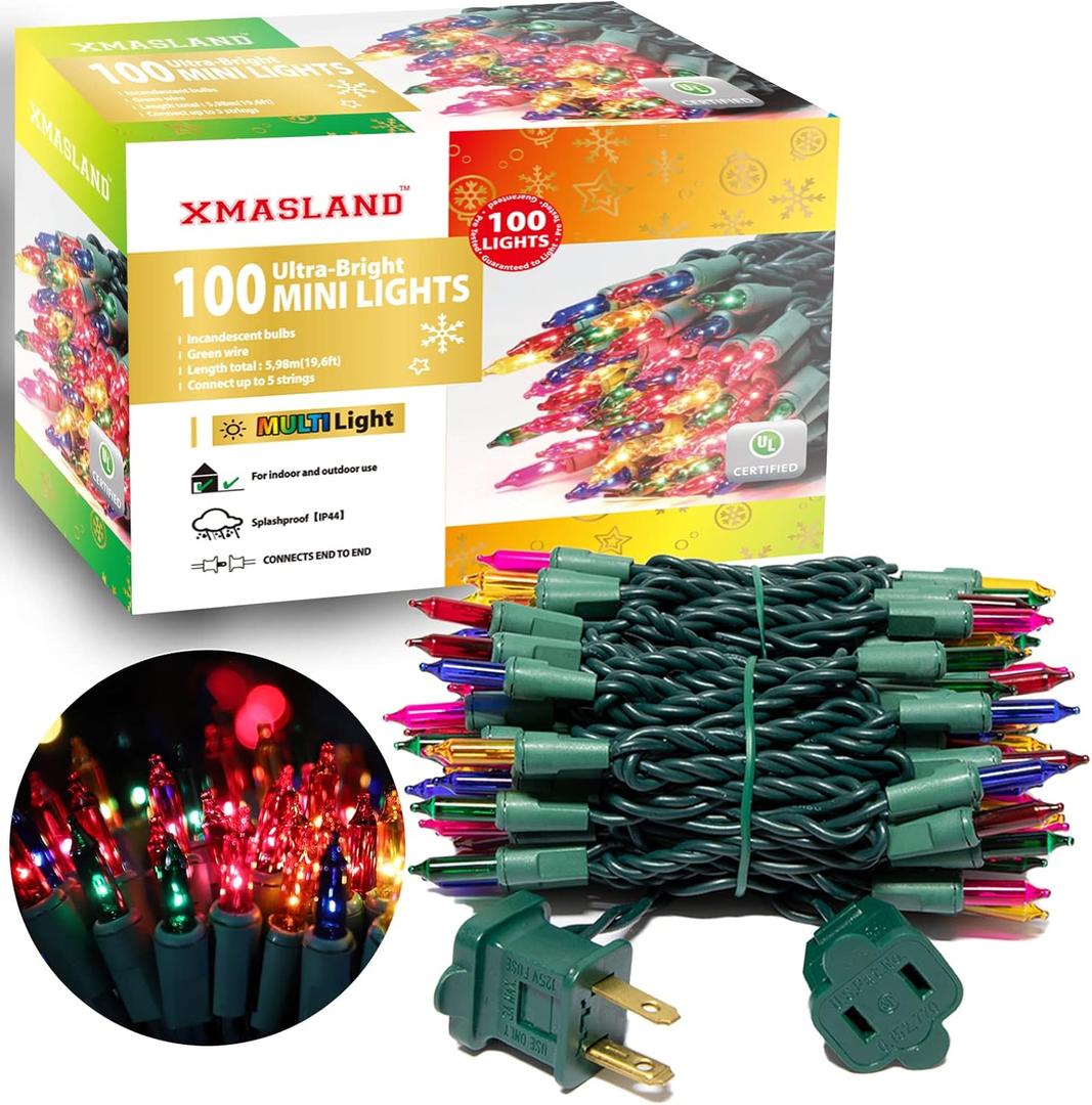 Ultra-Bright Connectable Multi Christmas Light Set 100Count 19.6Feet Incandescent Bulb Mini String Light for Indoor Outdoor Christmas Tree Garland Wedding Garden Holiday Party Festival Decor (100L, Green Wire-Multi)