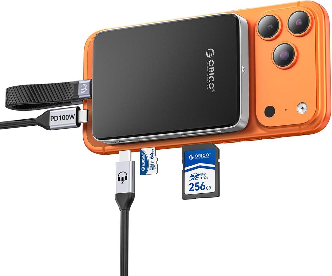 ORICO 10Gbps Magnetic M.2 NVMe SSD Enclosure with USB-C Dock Compatible for Phone 17/16/15 Pro/Max/Plus ProRes Recording TF/SD Card Slot PD 100W for 2230/2242/2260/2280 B+M M-Key Diskless AP80F Black