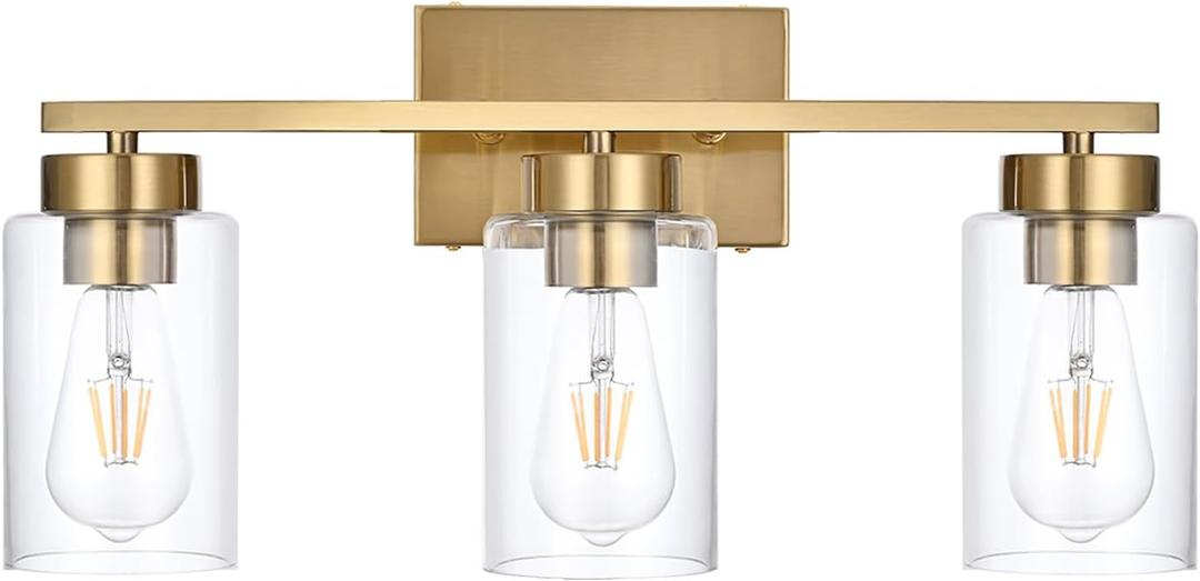 3-Light Bathroom Vanity Light, Modern Brushed Gold Wall Lights with Clear Glass Shades, Bathroom Wall Sconce Lamp for Mirror Living Room Bedroom Hallway