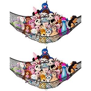 Stuffed Animal Hammock | Corner Hanging Organizer, Stuffed Animal Storage | Easy to Hang Plushie Net w/Included Anchors & Hooks | Cute Room & Bedroom Decor (Black, 2 Pack)