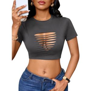 Remidoo Women's Sexy Distressed Ripped Crop Top Short Sleeve Cropped T Shirt Summer Cutout Tops Grey Medium (Gray, M)