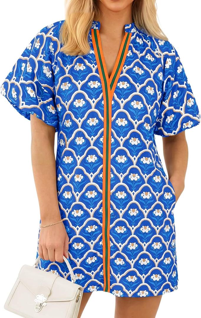 Wenrine Womens Summer Dresses Casual Floral Puff Sleeve V Neck Boho Loose Beach Mini Dress with Pockets (Blue, XXL)