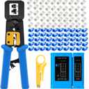 rj45 Crimping Tool for Cat6 Cat5e Cat5, Sturdy Crimper for rj45 rj12/11 Pass-Through Connectors with 50pcs rj45 Cat5e Pass-Through Connectors, 50pcs Covers, Wire Stripper; Network Cable Tester