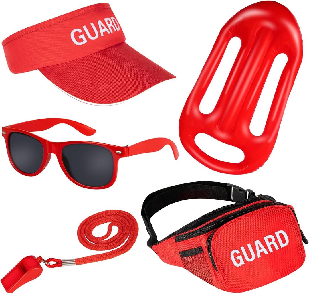 5 PCS Guard Costume Set Lifeguard Accessories Include Guard Hat Inflatable Float Sunglasses Guard Fanny Pack Whistle with Lanyard for Adult Kids Beach Party Dress Up