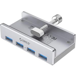 ORICO USB 3.0 Hub, USB Hub Clamp, Aluminum 4-Port USB Splitter with 4.92 FT USB Data Cable, Desktop Powered USB Hub for Monitors/Desks-Silver (Without Power Adapter)